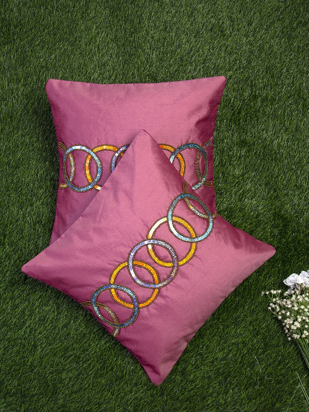 

Alina decor Pink & Yellow Set of 2 Embellished Square Cushion Covers