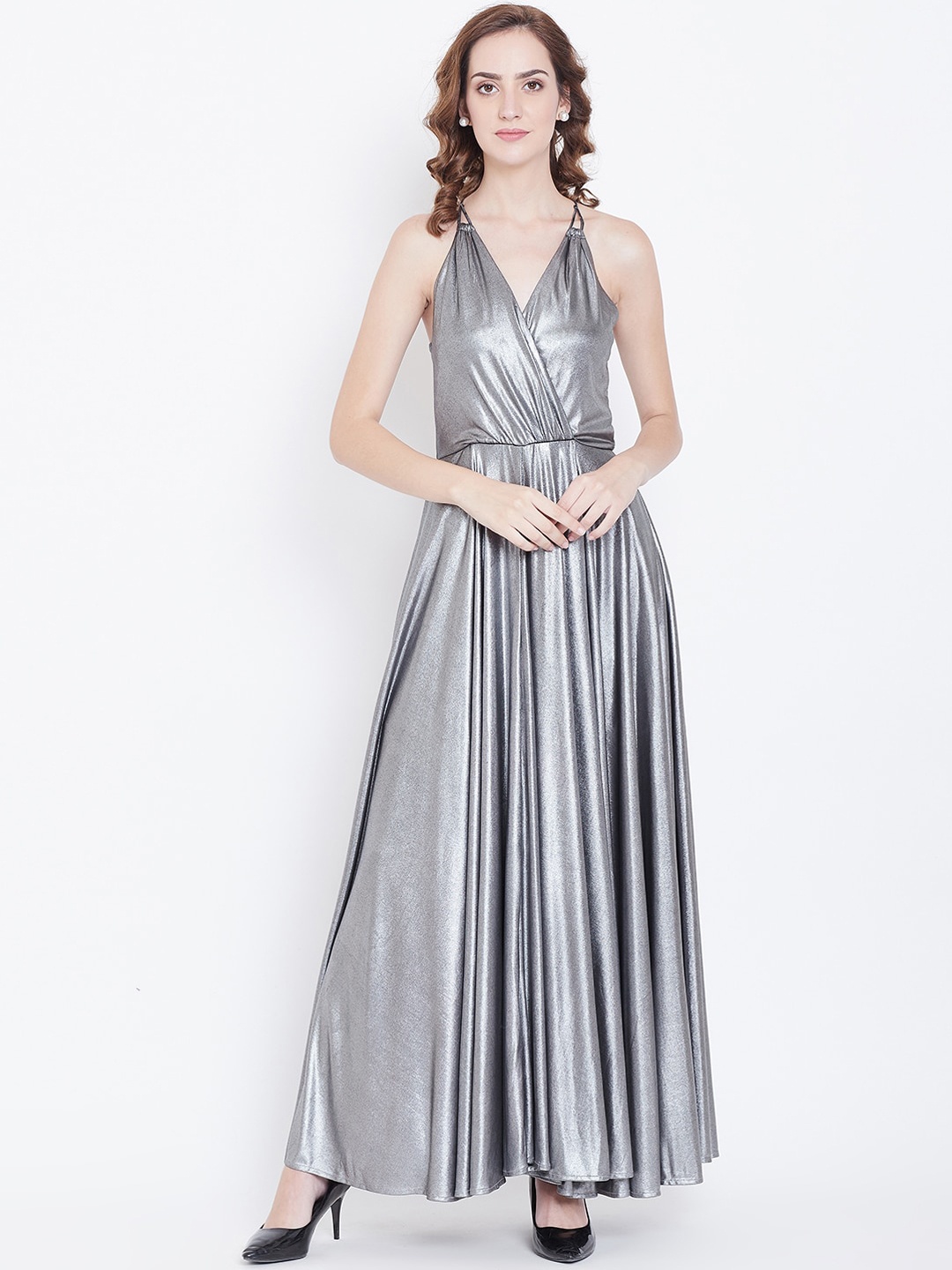 DODO & MOA Women Silver-Toned Solid Maxi Dress