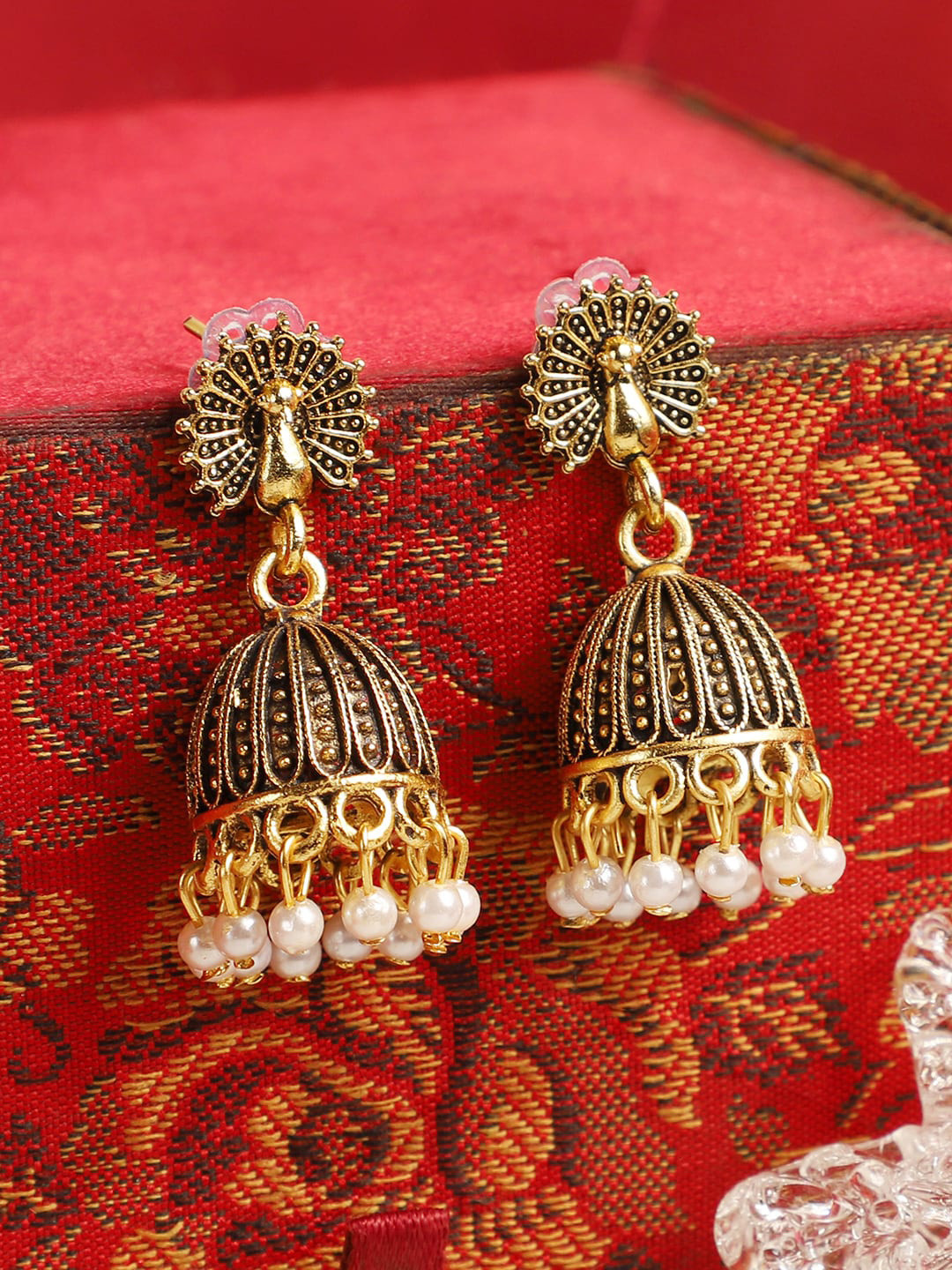 

ANIKAS CREATION Gold-Plated & White Dome Shaped Jhumkas