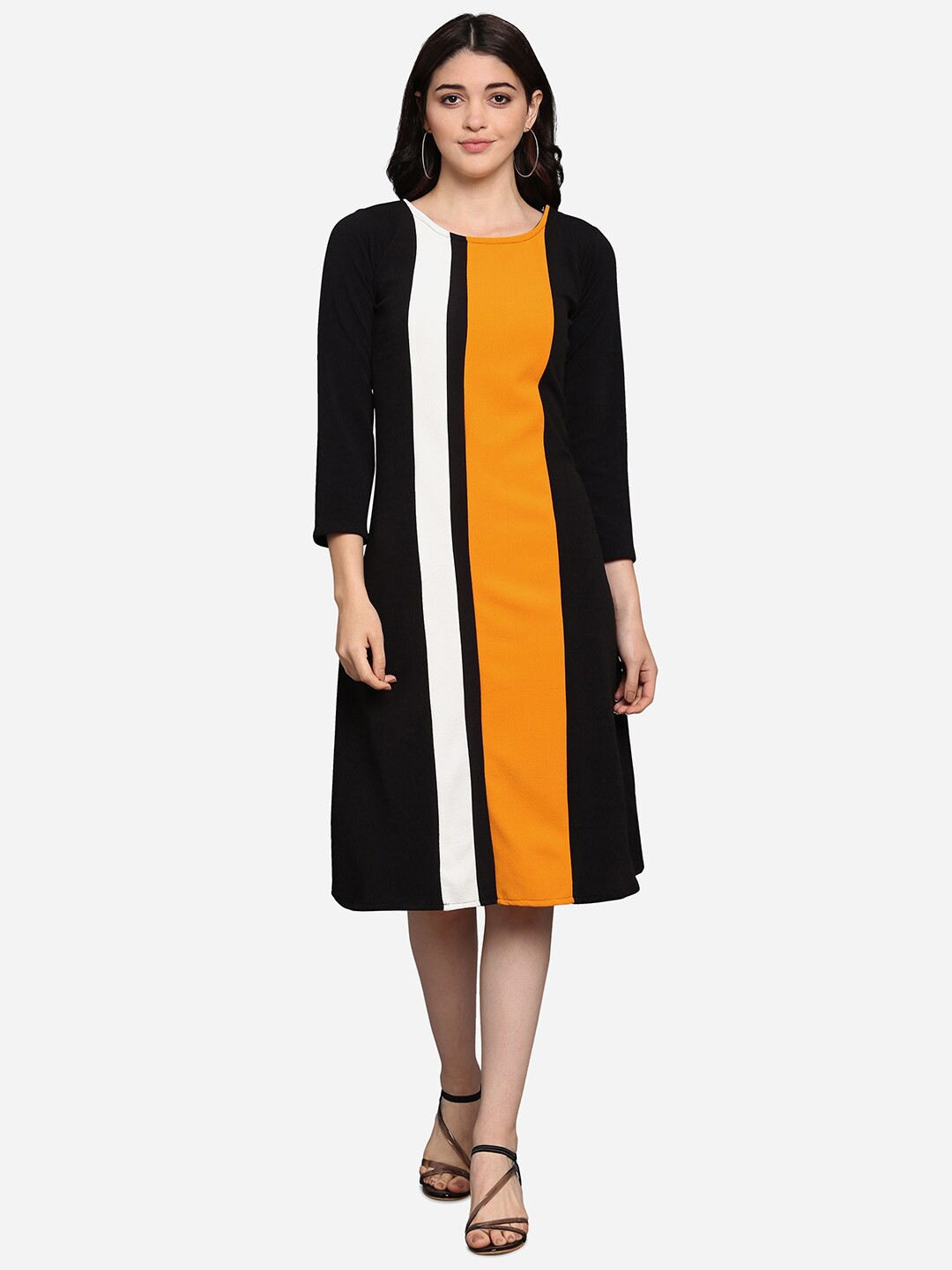 

PURVAJA Women Black & Yellow Colourblocked Fit and Flare Dress