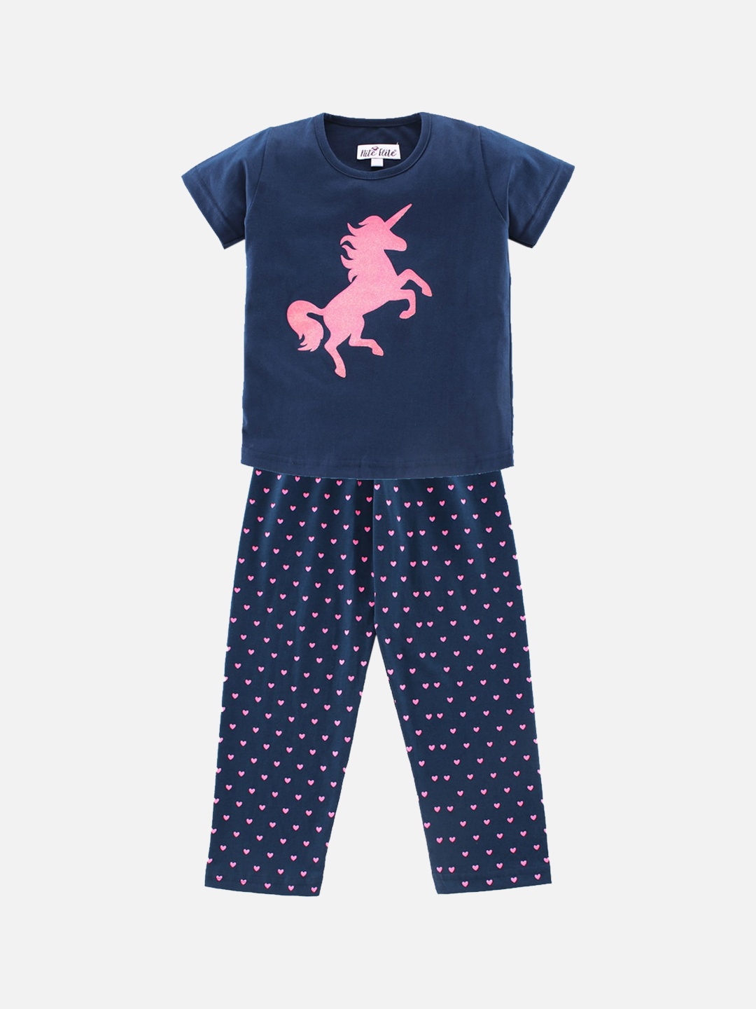Nite Flite Girls Navy Blue & Pink Unicorn Printed Pyjama Set