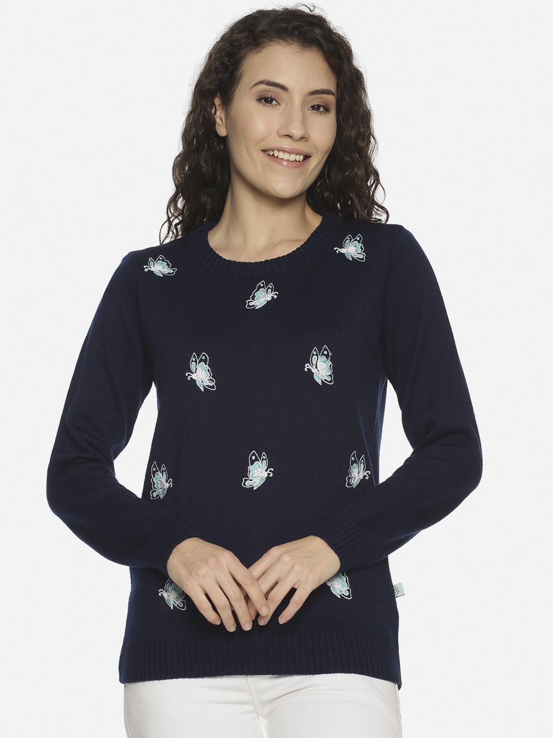 

BEVERLY BLUES Women Navy Blue Embroidered Pullover Sweater