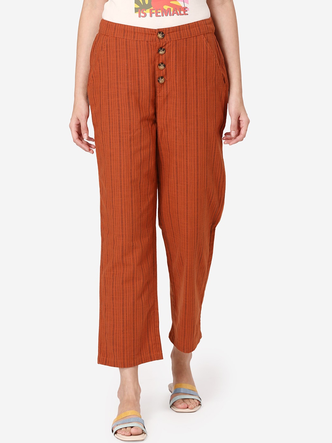 

Mode by Red Tape Women Rust Straight Fit Striped Parallel Trousers