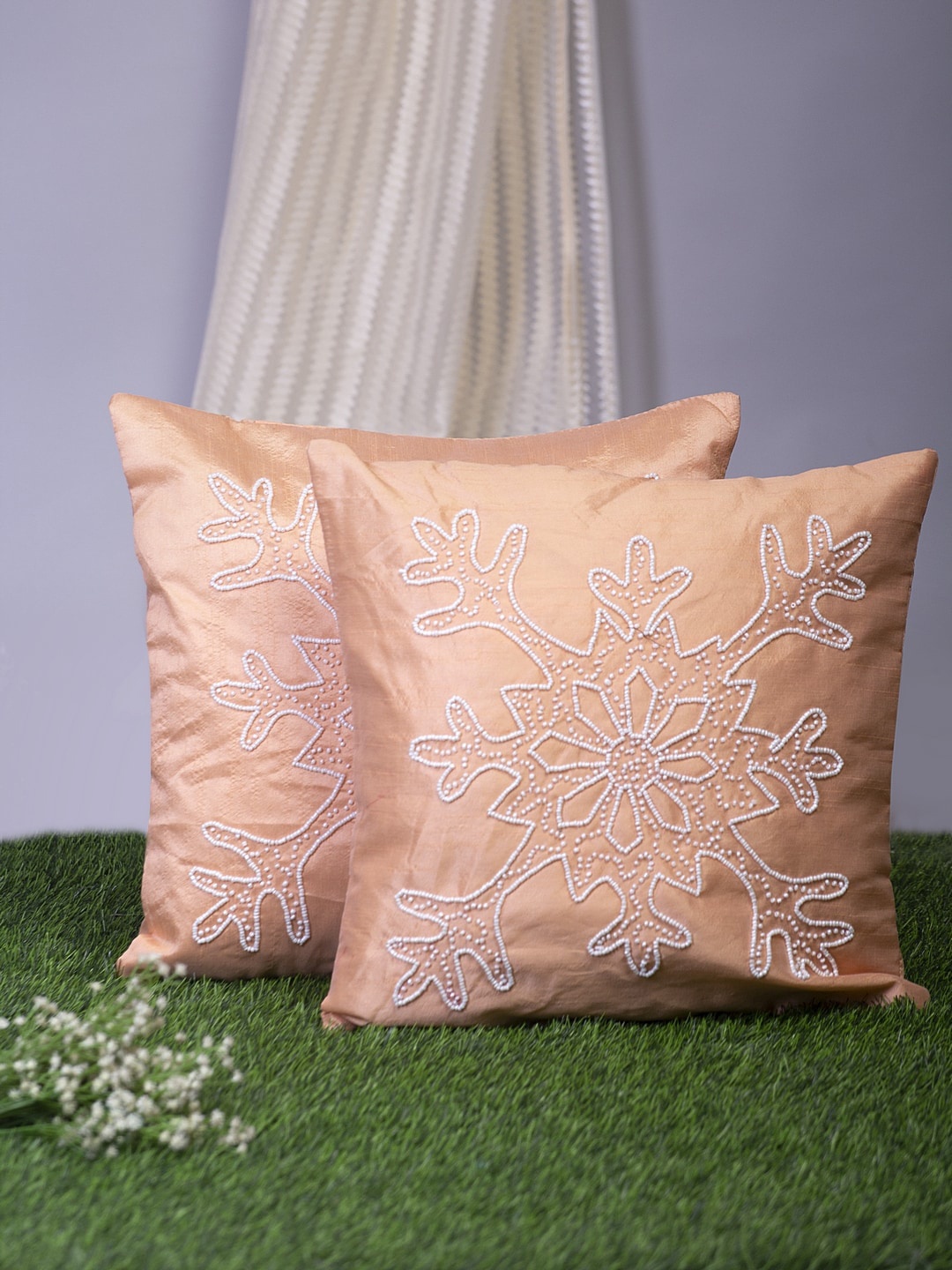 

Alina decor Peach-Coloured Set of 2 Embellished Square Cushion Covers