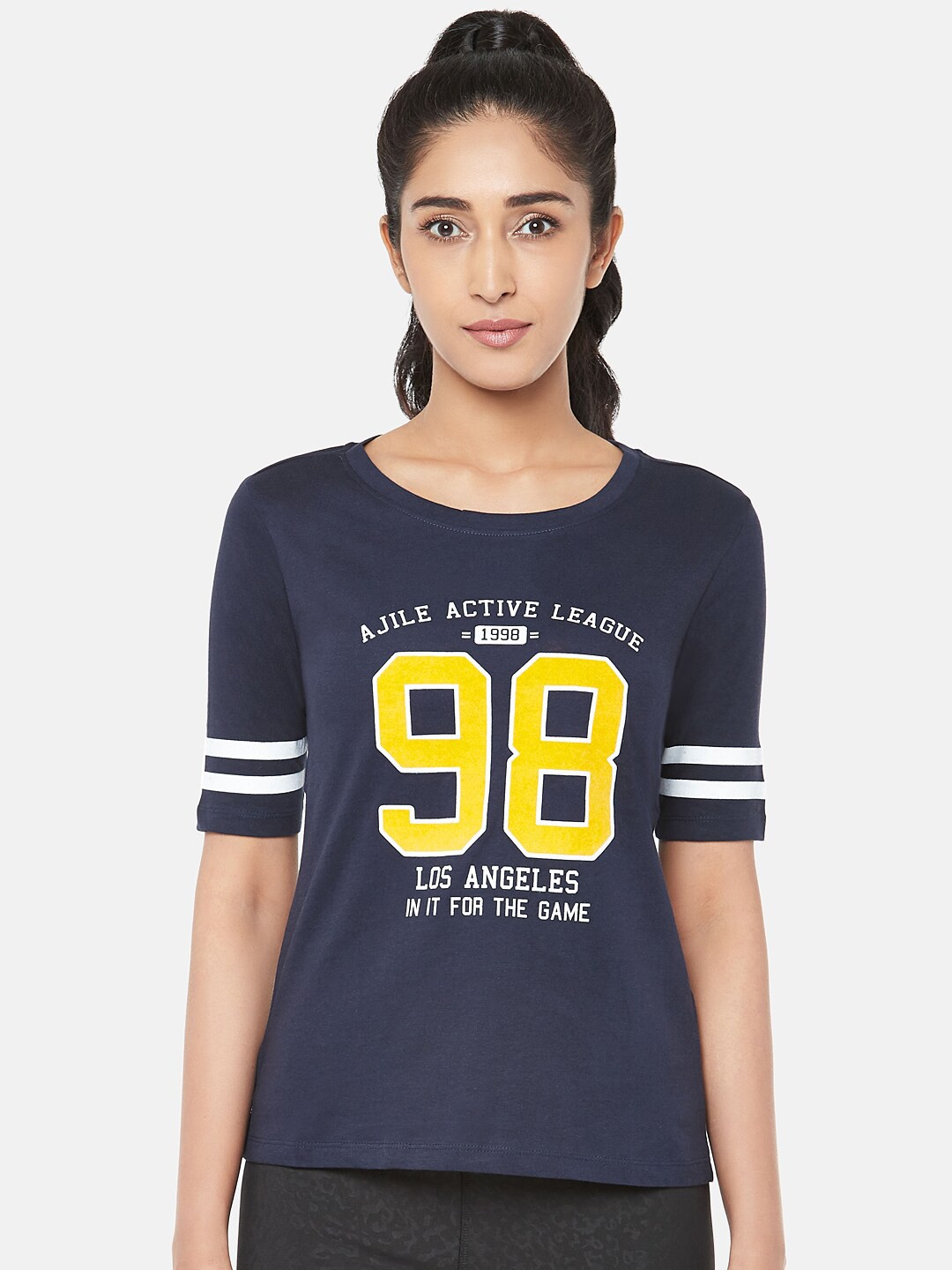 

Ajile by Pantaloons Women Navy Blue Printed Round Neck Pure Cotton T-shirt