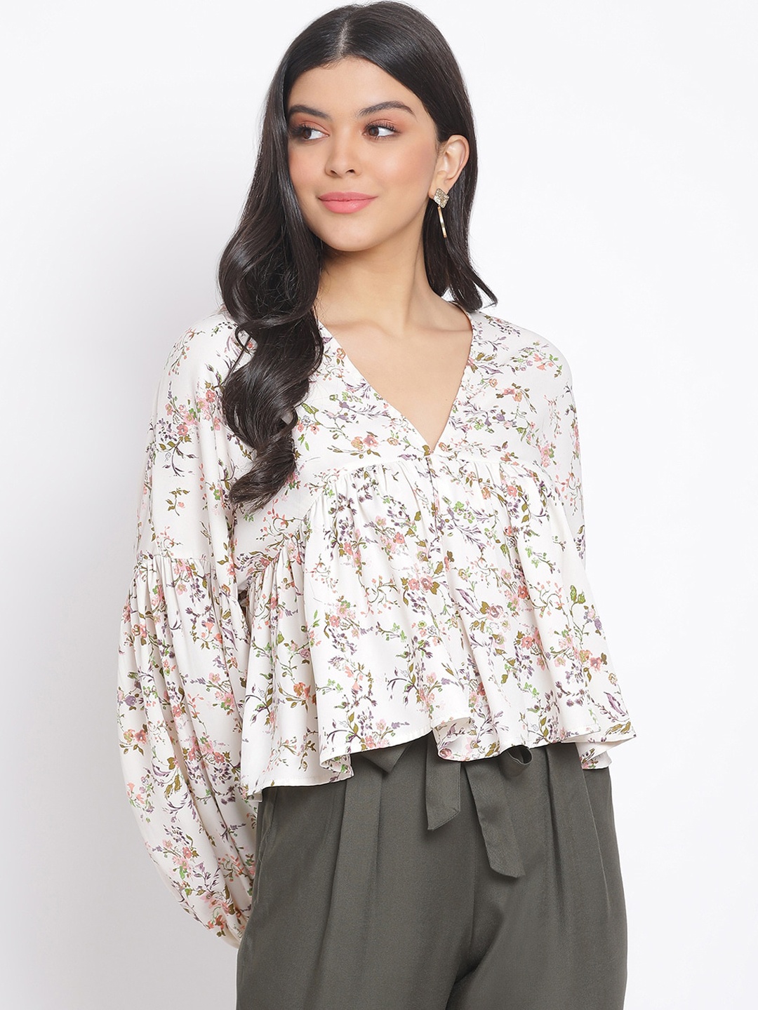 

Oxolloxo White Floral Printed Puff Sleeves A-line Top