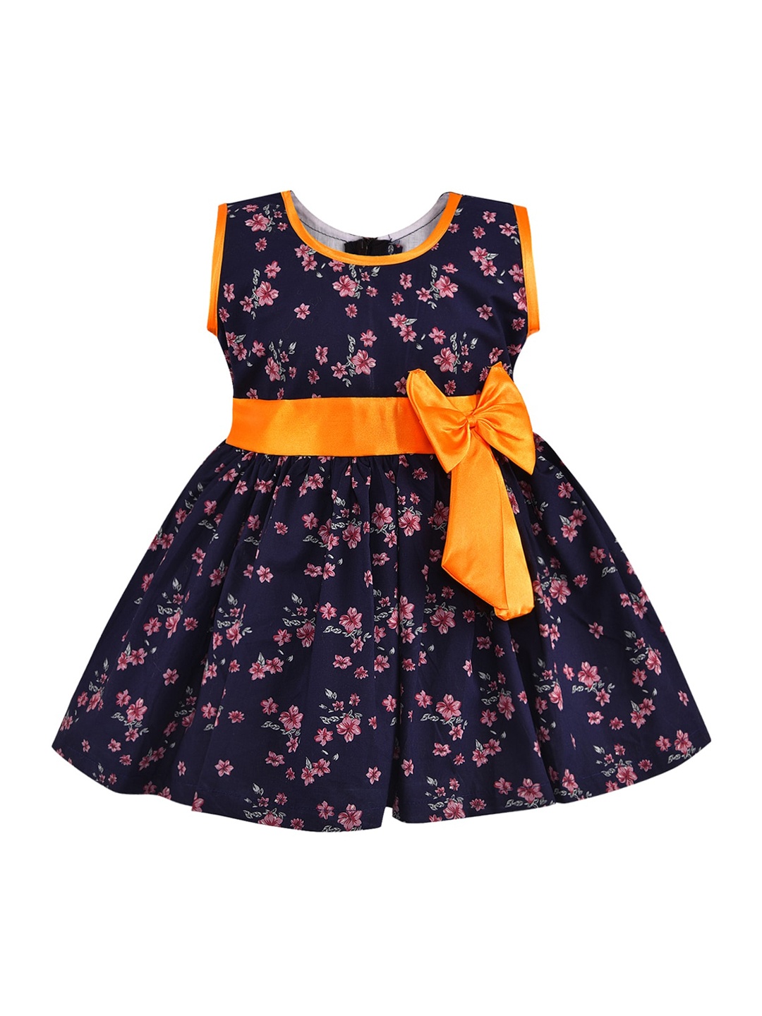 Wish Karo Girls Navy Blue & Pink Floral Printed Fit and Flare Dress