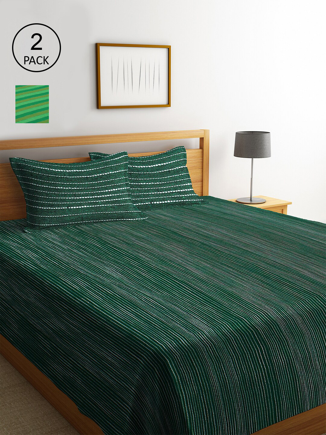 

KLOTTHE Green Set Of 2 Woven Design Double King Bed Covers With 4 Pillow Covers