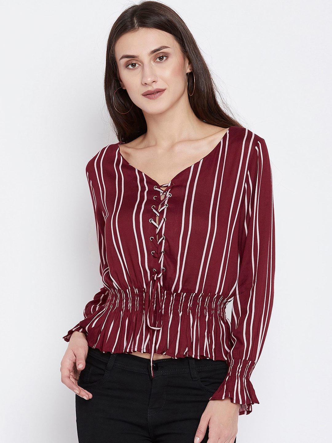 

Zastraa Maroon & Off-White Striped Bell Sleeves Cinched Waist Top