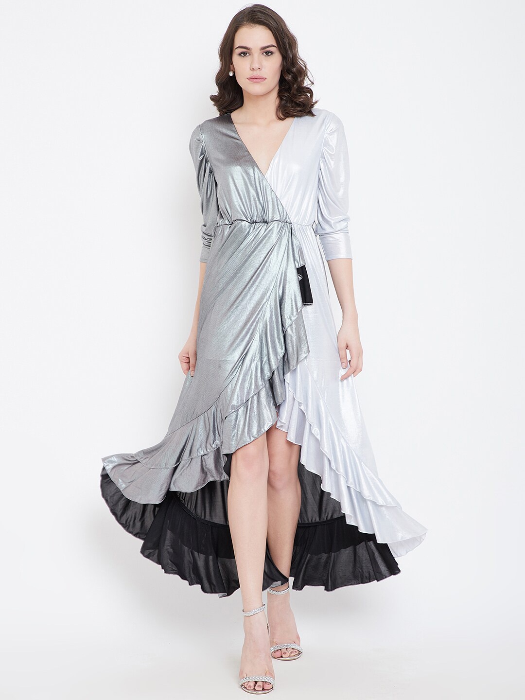 DODO & MOA Women Silver-Toned Colourblocked Wrap Dress