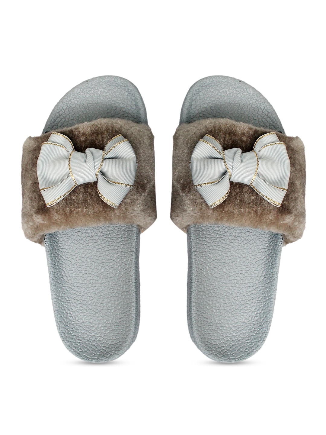 FREECO Women Brown & Grey Embellished Sliders