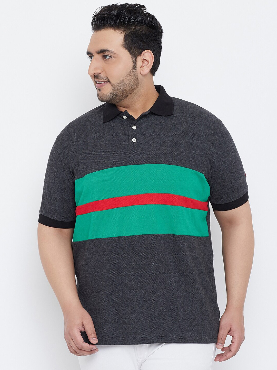 

bigbanana Men Grey Colourblocked Polo Collar Pure Cotton T-shirt