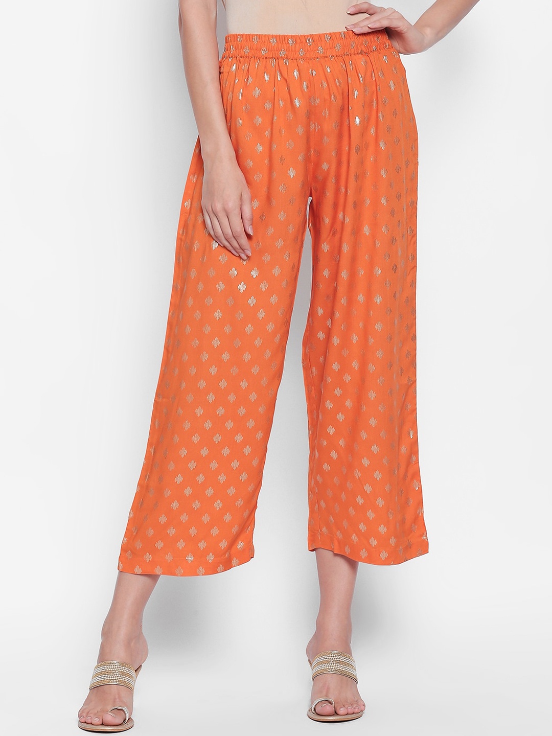 

RANGMANCH BY PANTALOONS Women Orange & Gold-Toned Printed Wide Leg Palazzos