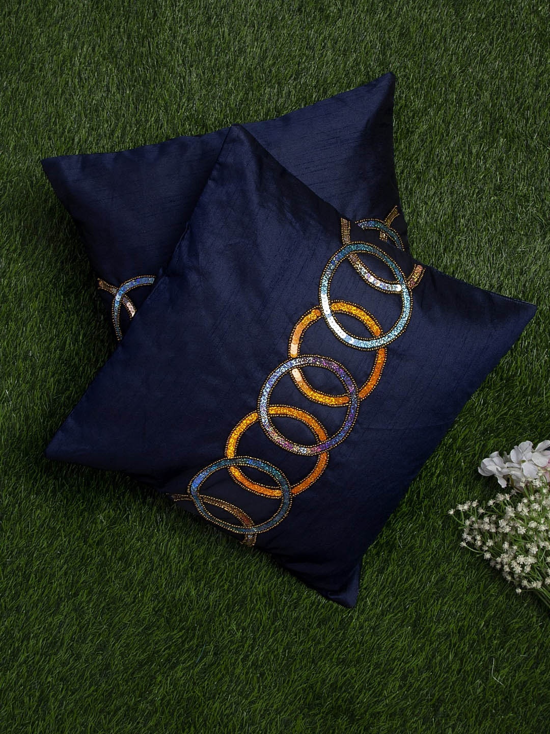 

Alina decor Set Of 2 Navy Blue & Yellow Embellished Square Cushion Covers