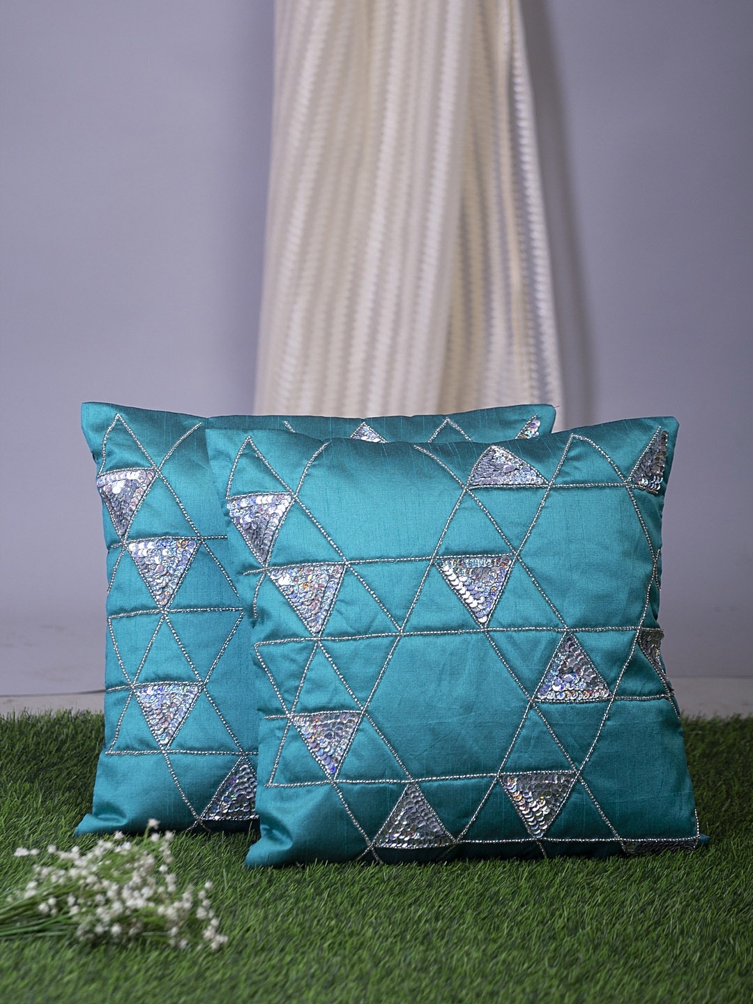 Alina decor Blue & Silver-Toned Set of 2 Embellished Square Cushion Covers