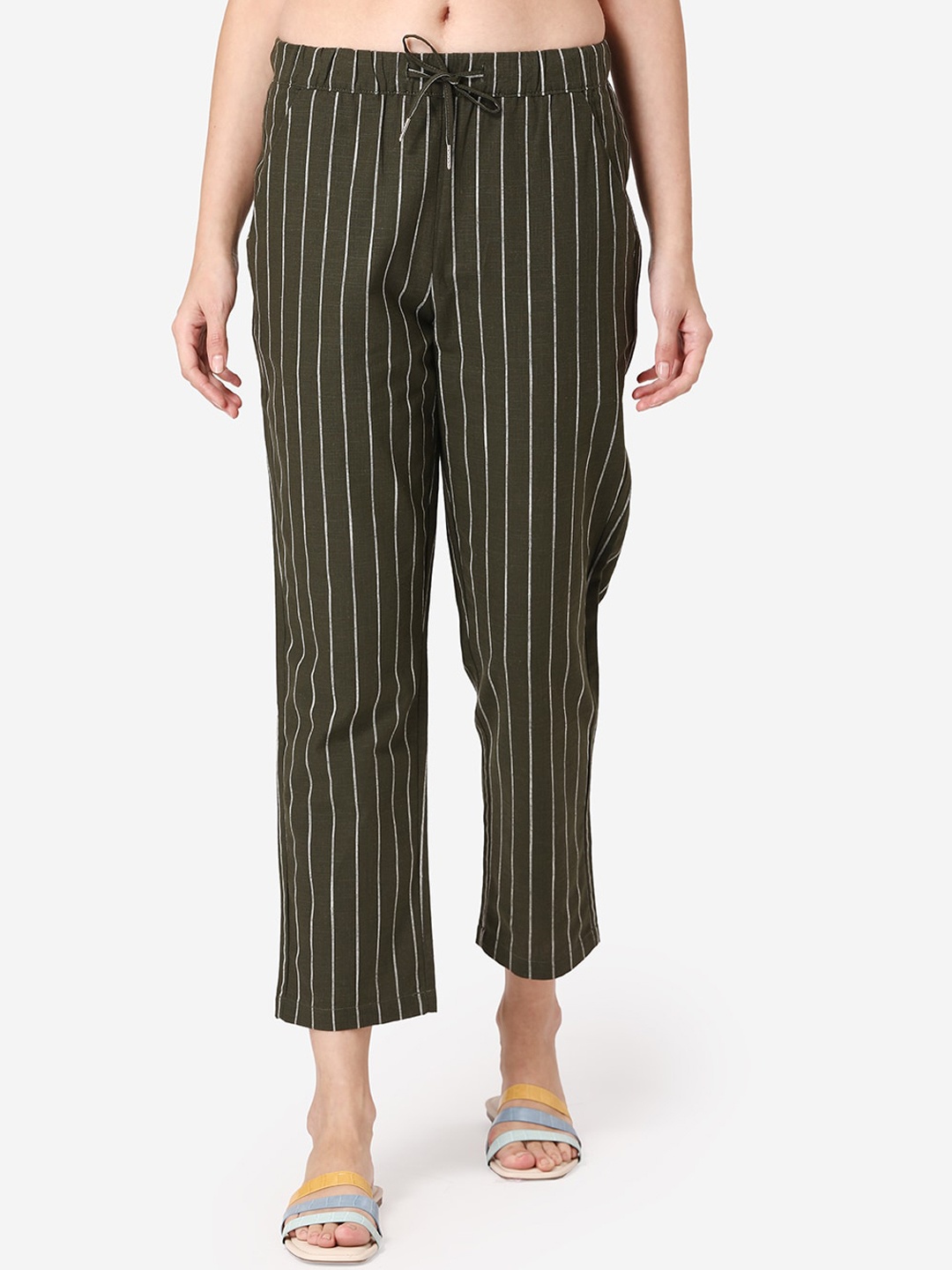 

Mode by Red Tape Women Olive Green Straight Fit Striped Regular Trousers