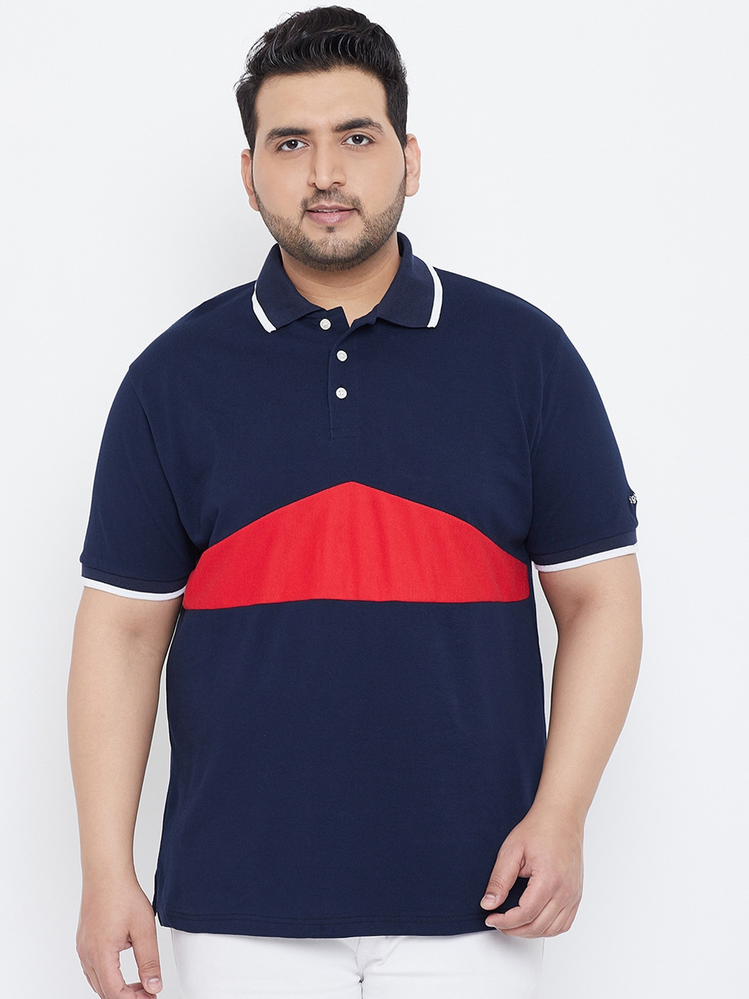 

bigbanana Men Plus Size Navy Blue Red Colourblocked Polo Collar Pure Cotton T-shirt
