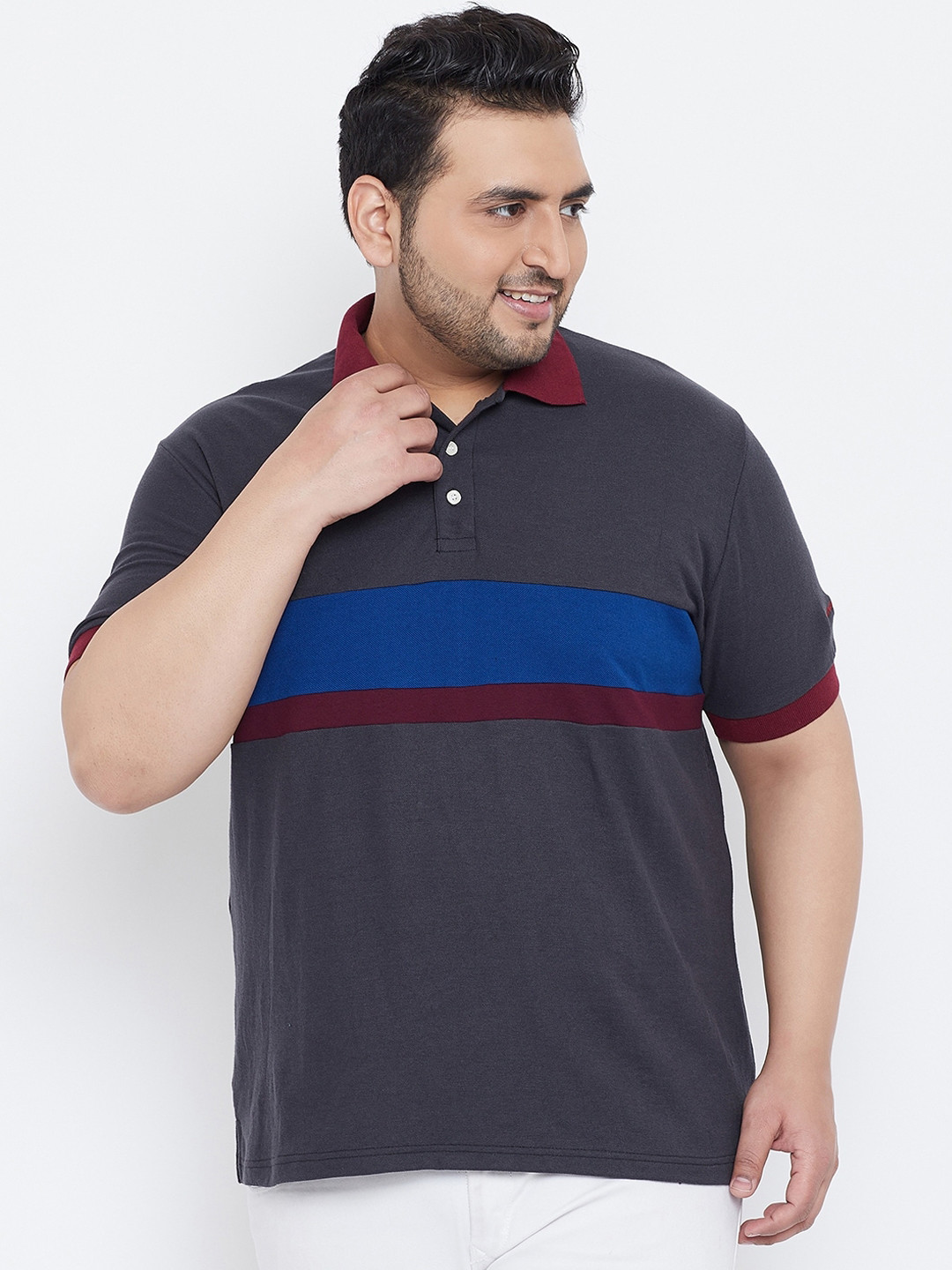 

bigbanana Men Grey Colourblocked Polo Collar T-shirt