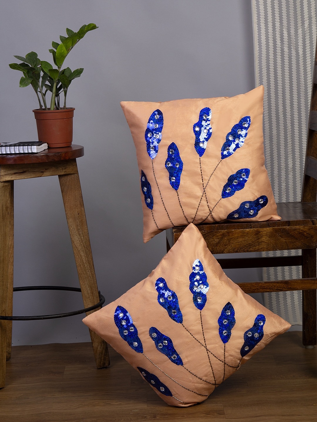 

Alina decor Peach-Coloured & Blue Set of 2 Embellished Square Cushion Covers
