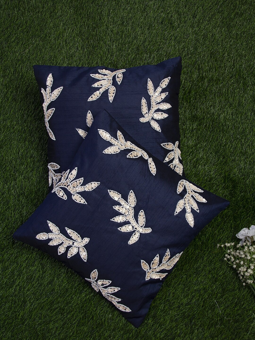 

Alina decor Navy Blue & White Set of 2 Embellished Square Cushion Covers