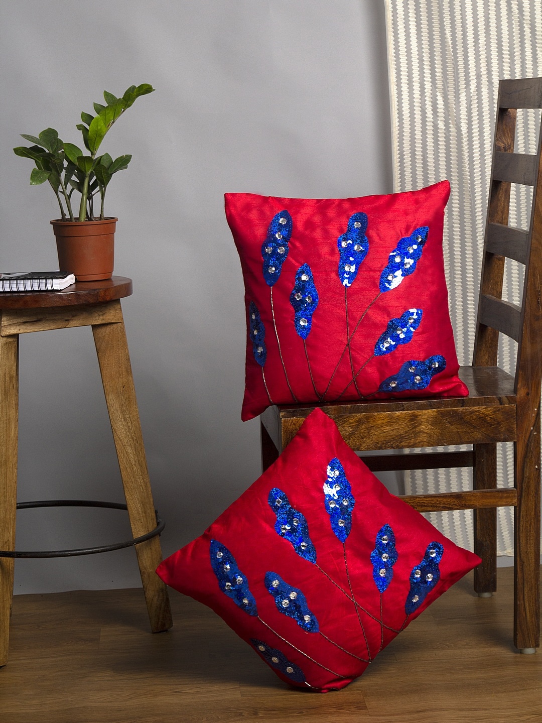 

Alina decor Red & Blue Set of 2 Embellished Square Cushion Covers