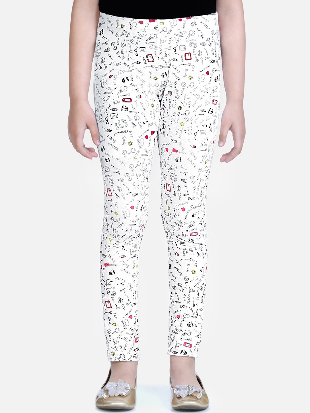 

Naughty Ninos Girls White & Black Printed Ankle-Length Leggings