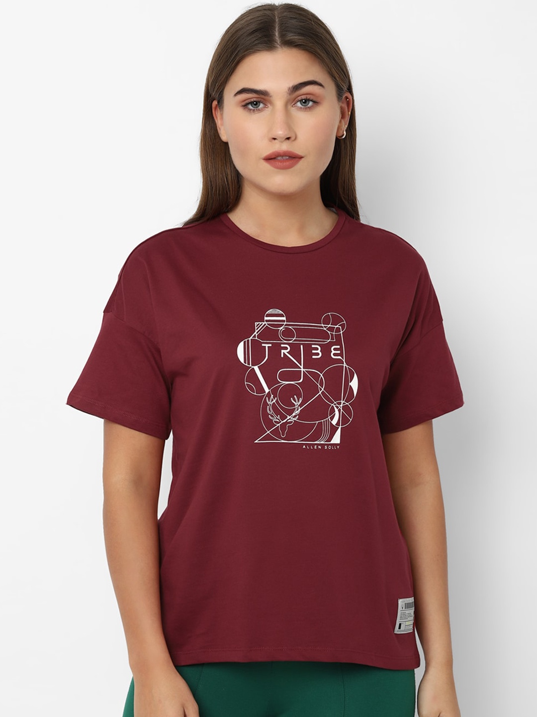 

Allen Solly Woman Women Maroon Printed Round Neck Cotton Pure Cotton T-shirt