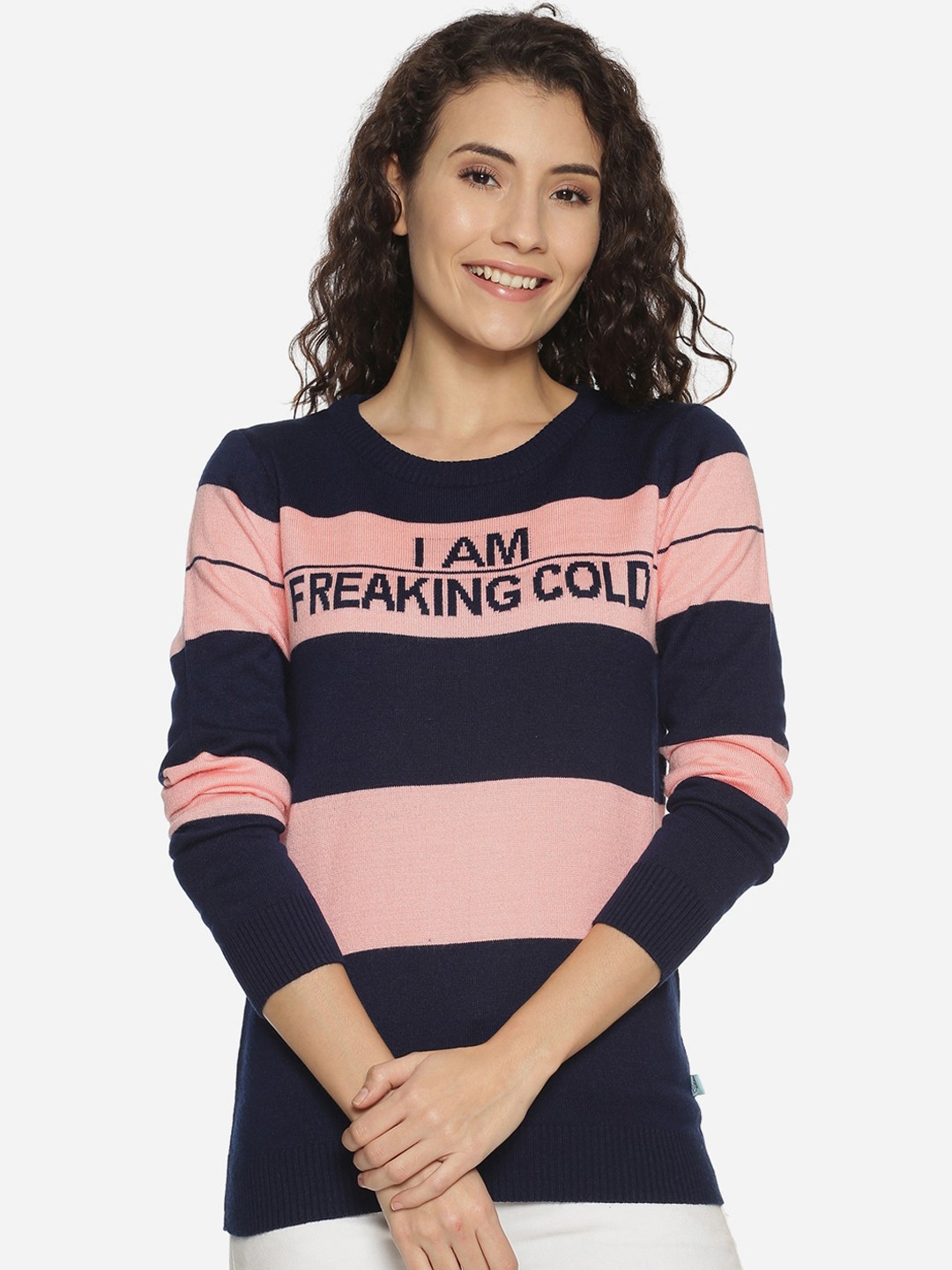 

BEVERLY BLUES Women Pink Striped Pullover Sweater