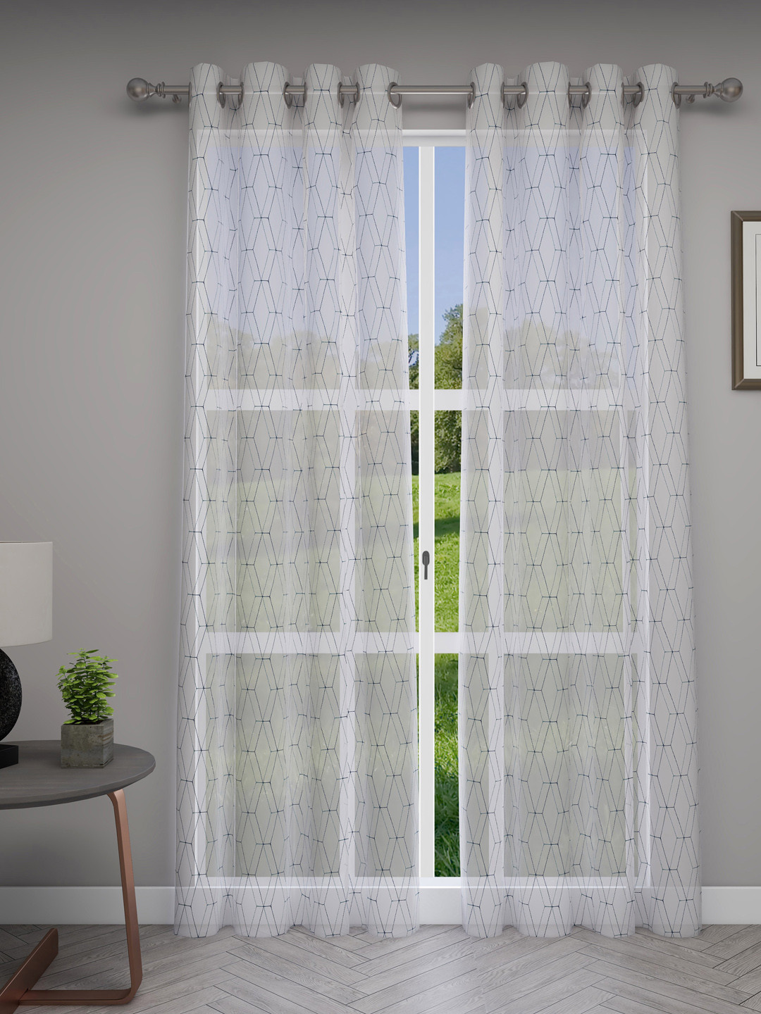 

GM White & Blue Set of 2 Sheer Door Curtains