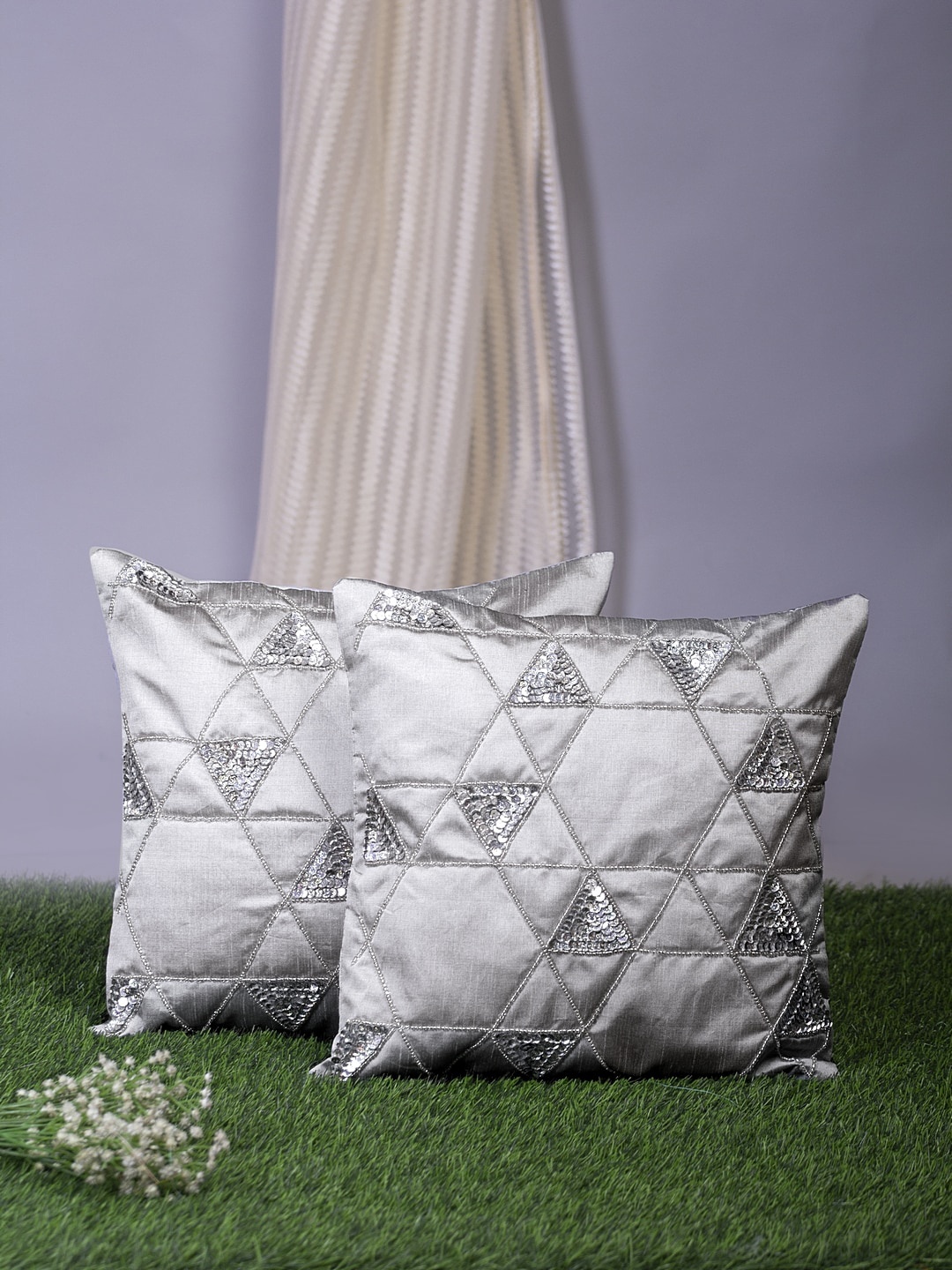 

Alina decor Grey & Silver-Toned Set of 2 Embellished Square Cushion Covers
