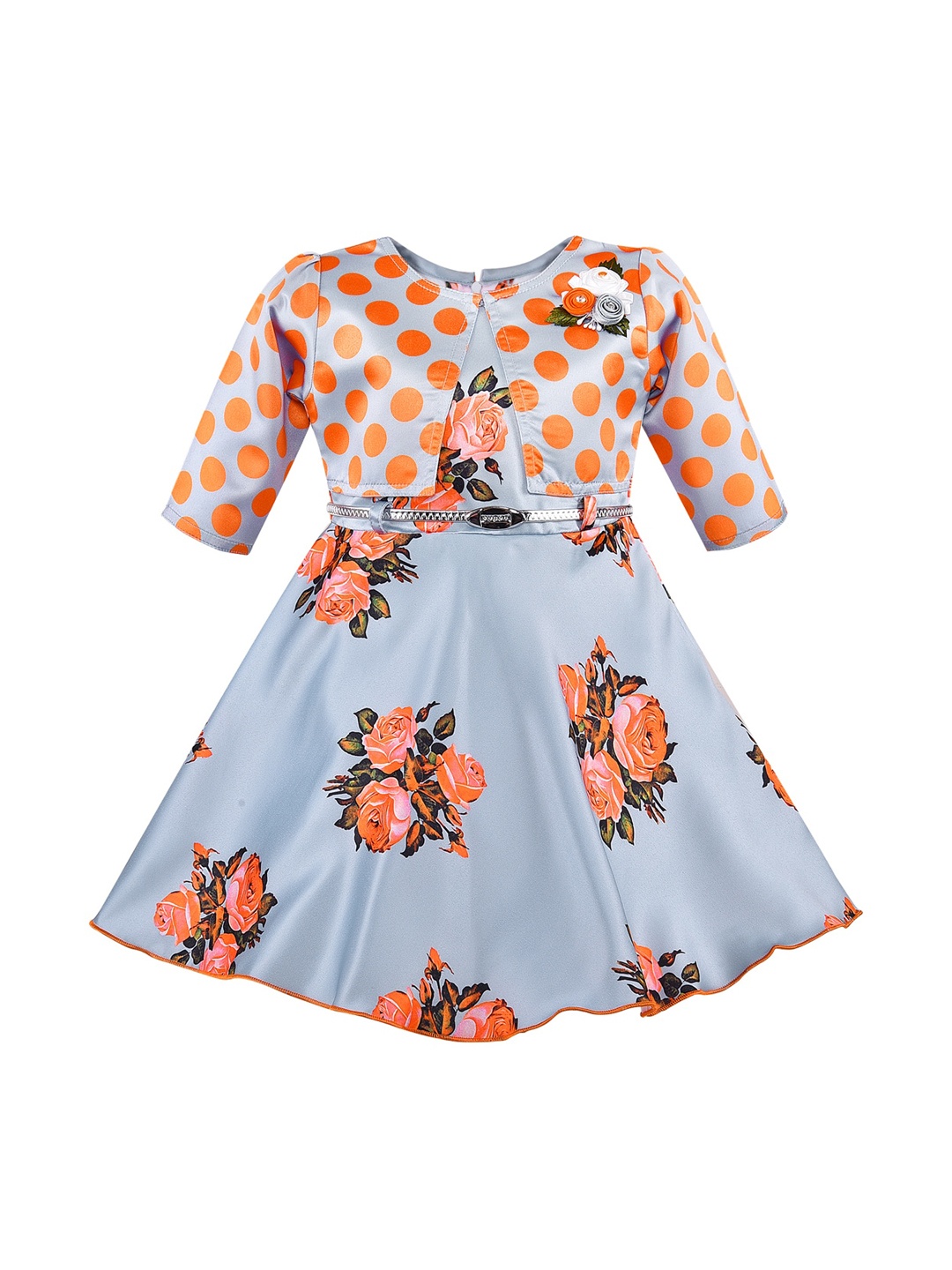 Wish Karo Girls Orange Printed Fit and Flare Dress