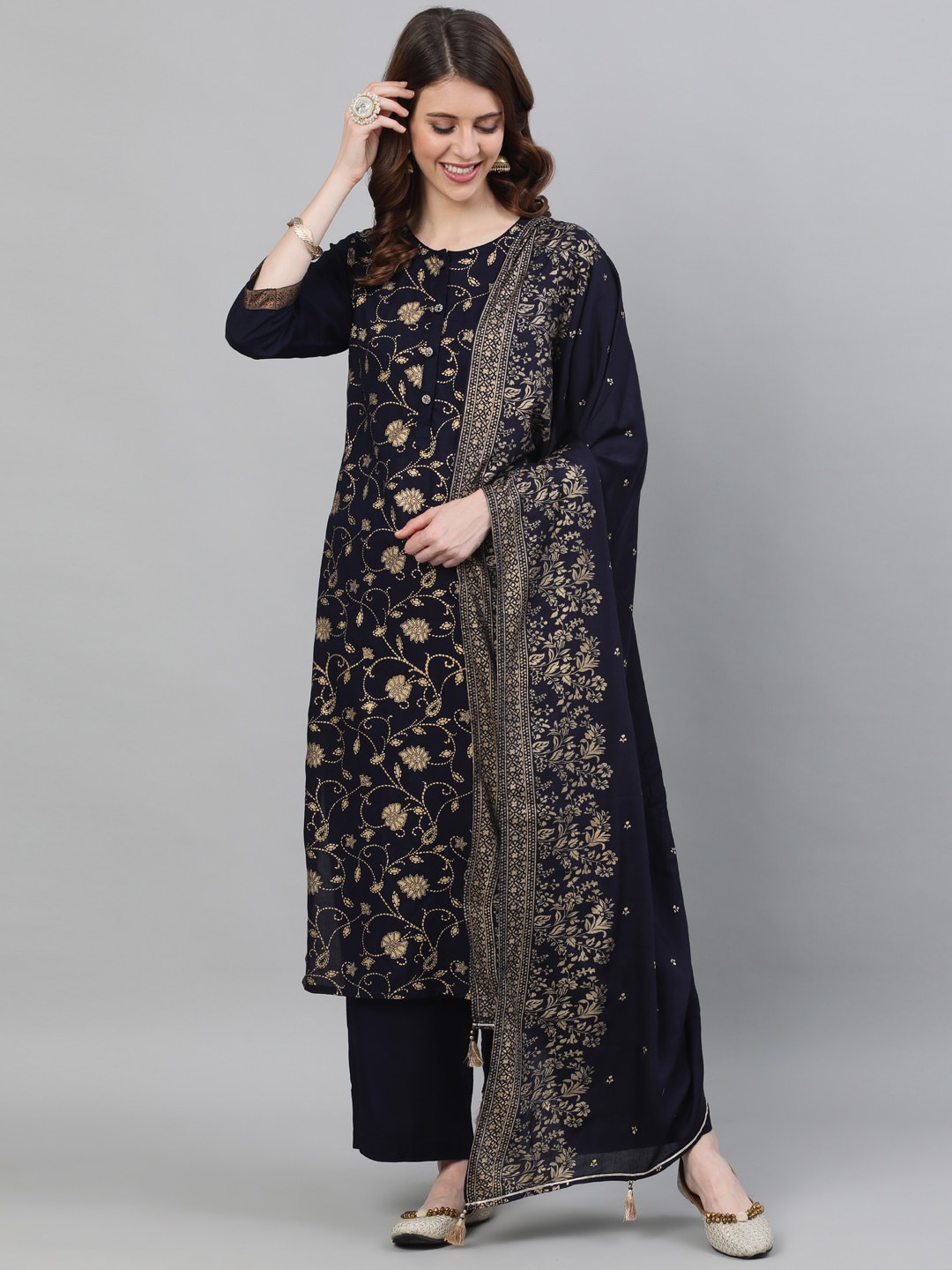 

Ishin Women Navy Blue & Gold Floral Embroidered Kurta with Palazzos & With Dupatta