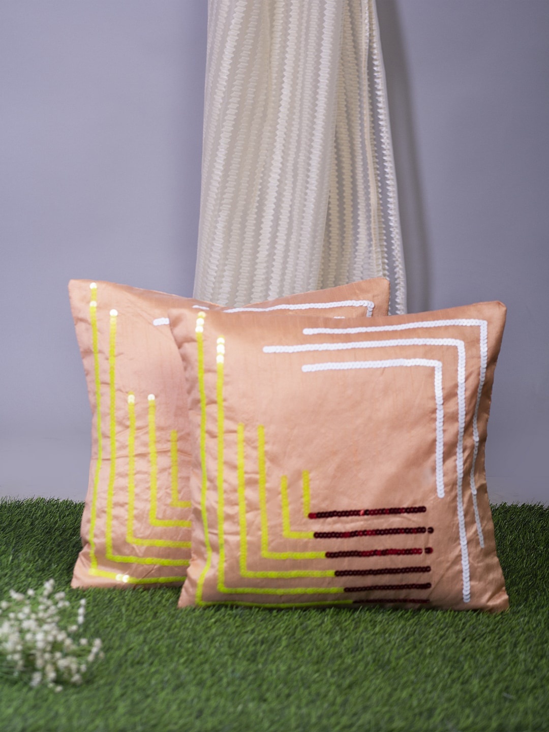 

Alina decor Peach-Coloured & White Set of 2 Embellished Square Cushion Covers
