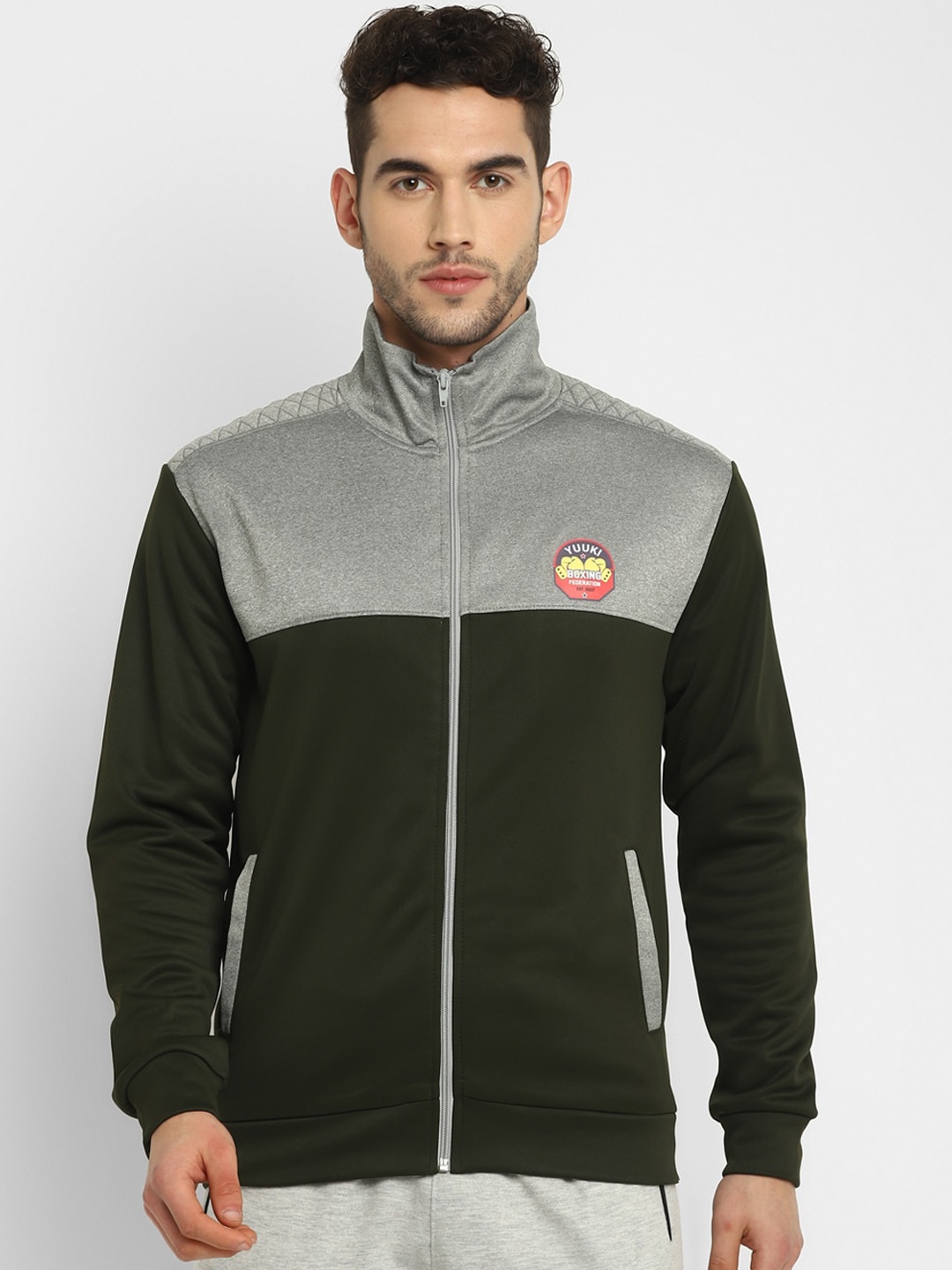 

Yuuki Men Olive Green & Grey Colourblocked Sporty Jacket