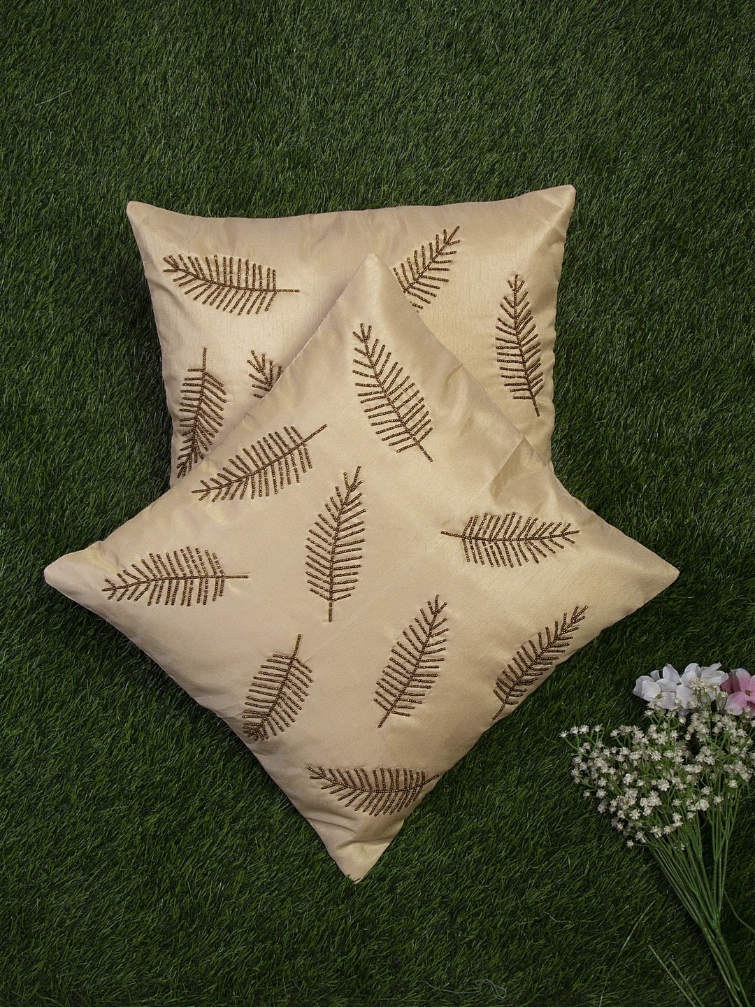Alina decor Beige Set of 2 Embellished Square Cushion Covers