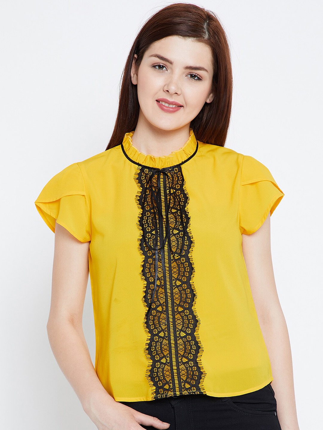 

Zastraa Yellow & Black Lace Regular Top