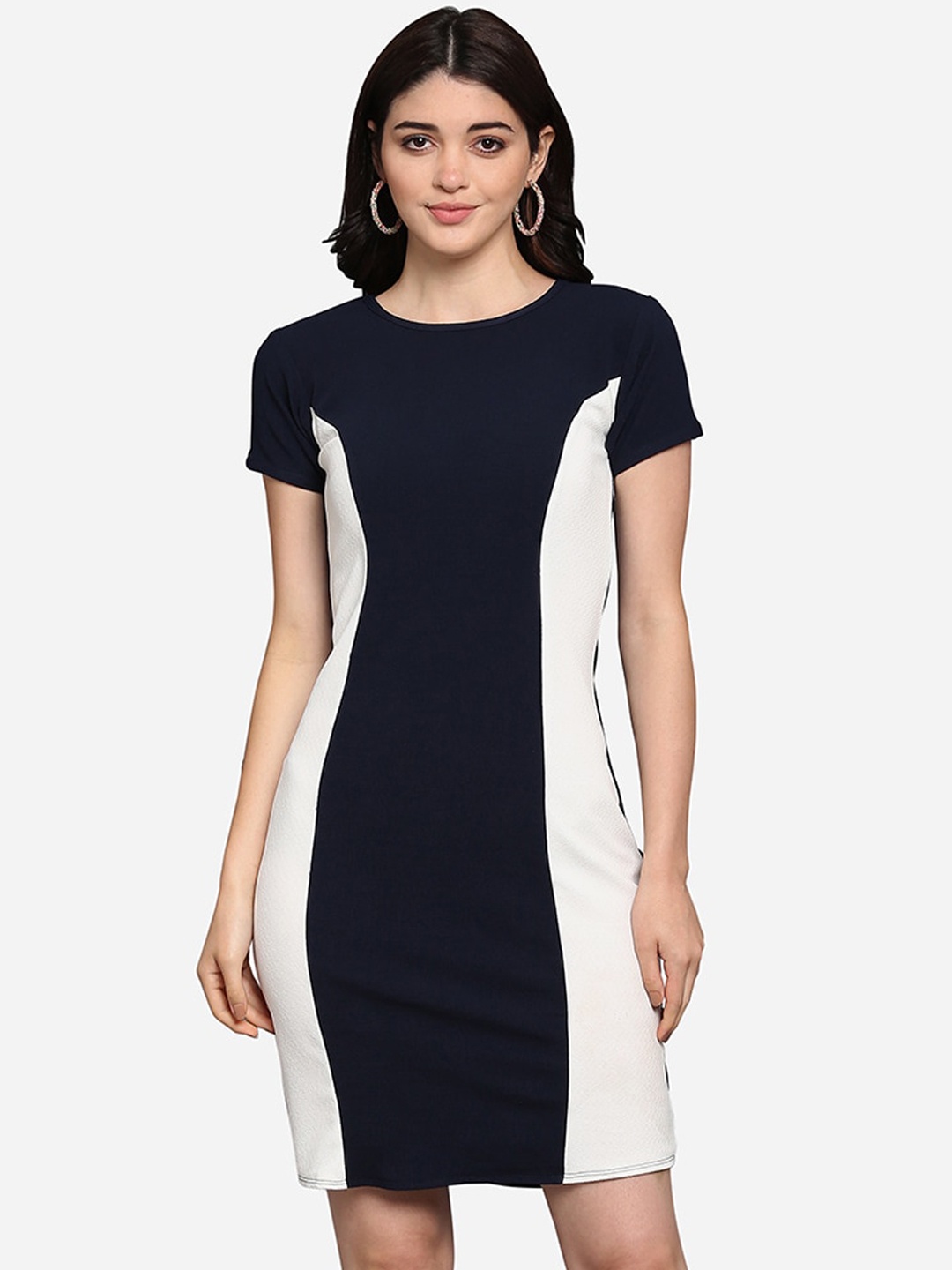 

PURVAJA Women Blue & White Colourblocked Sheath Dress