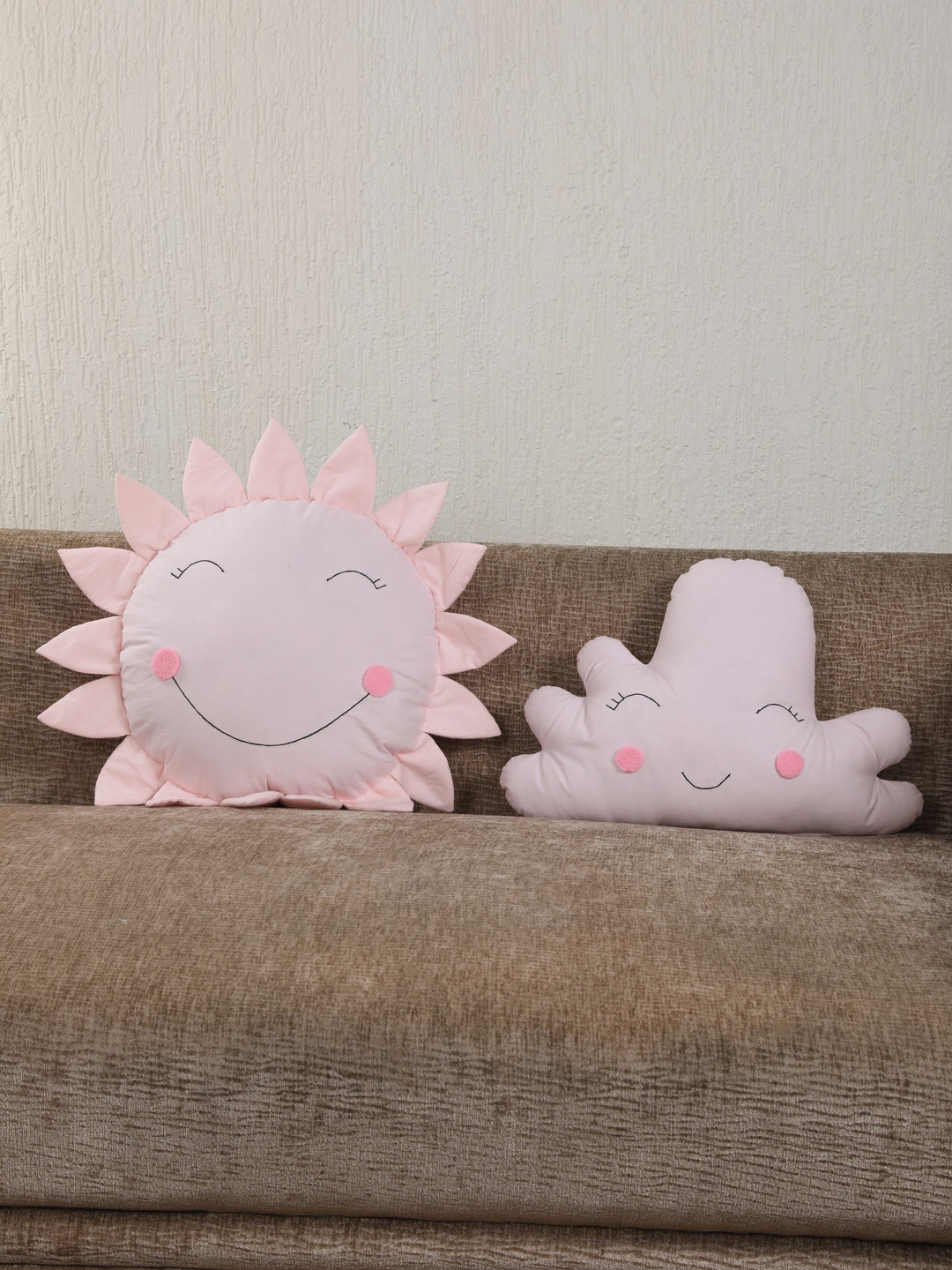 

YK Set Of 2 Pink & White Sun & Cloud Shaped Handcrafted Cushion