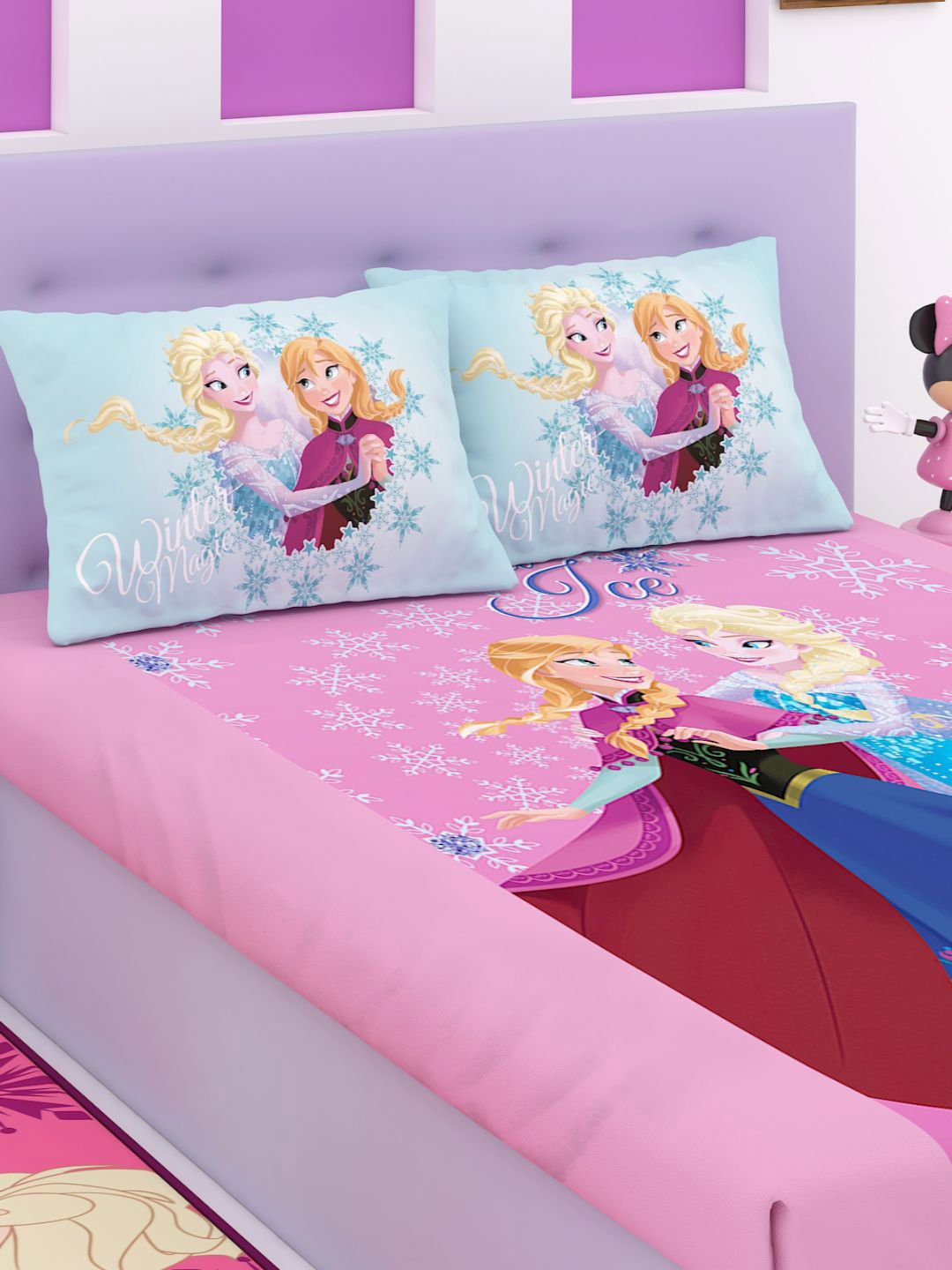 

Disney Pink & Blue Cartoon Characters 180 TC Cotton 1 Extra Large Bedsheet with 2 Pillow Covers