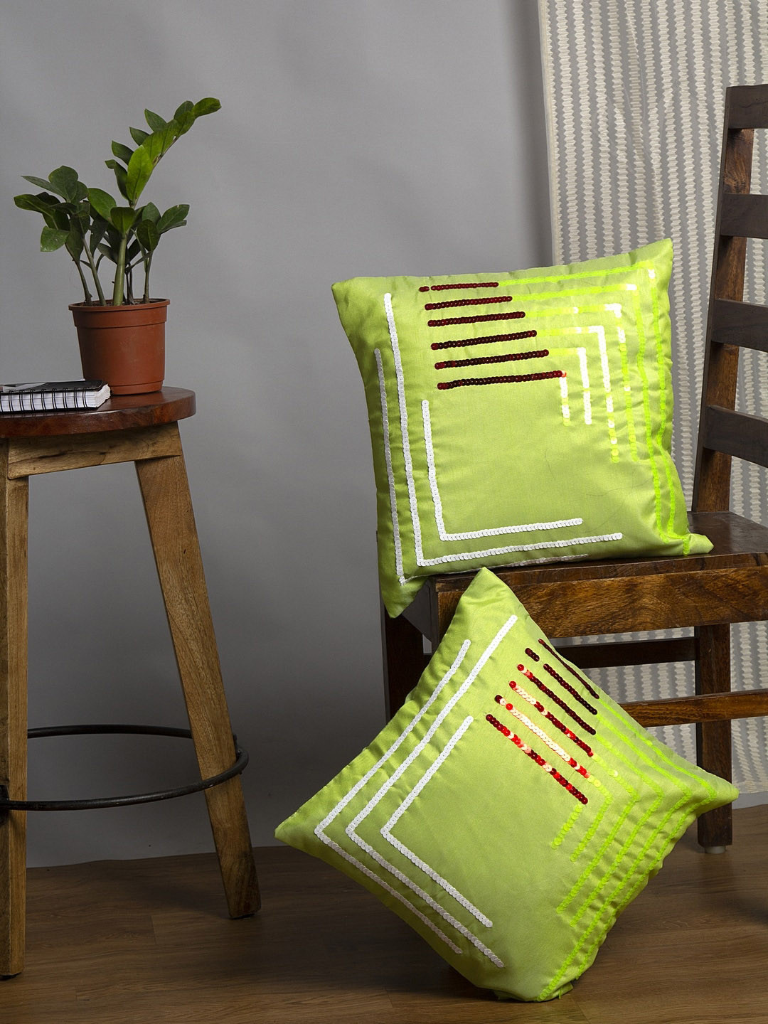 

Alina decor Lime Green Set of 2 Embellished Square Cushion Covers