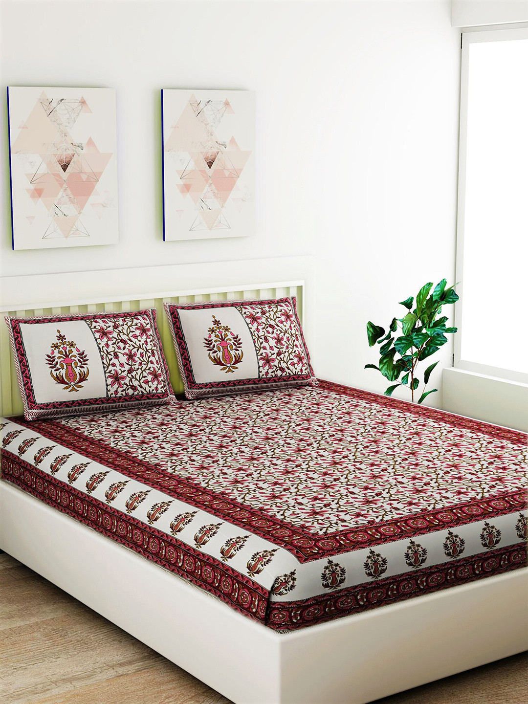 

Salona Bichona Maroon & White Floral 120 TC Cotton 1 Queen Bedsheet with 2 Pillow Covers