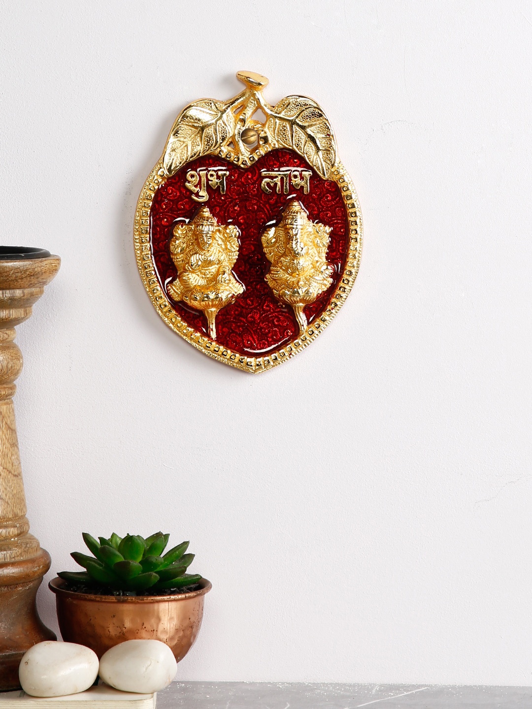 

CraftVatika Gold-Toned & Red Lakshmi Ganesha Idol Wall Hanging Showpiece