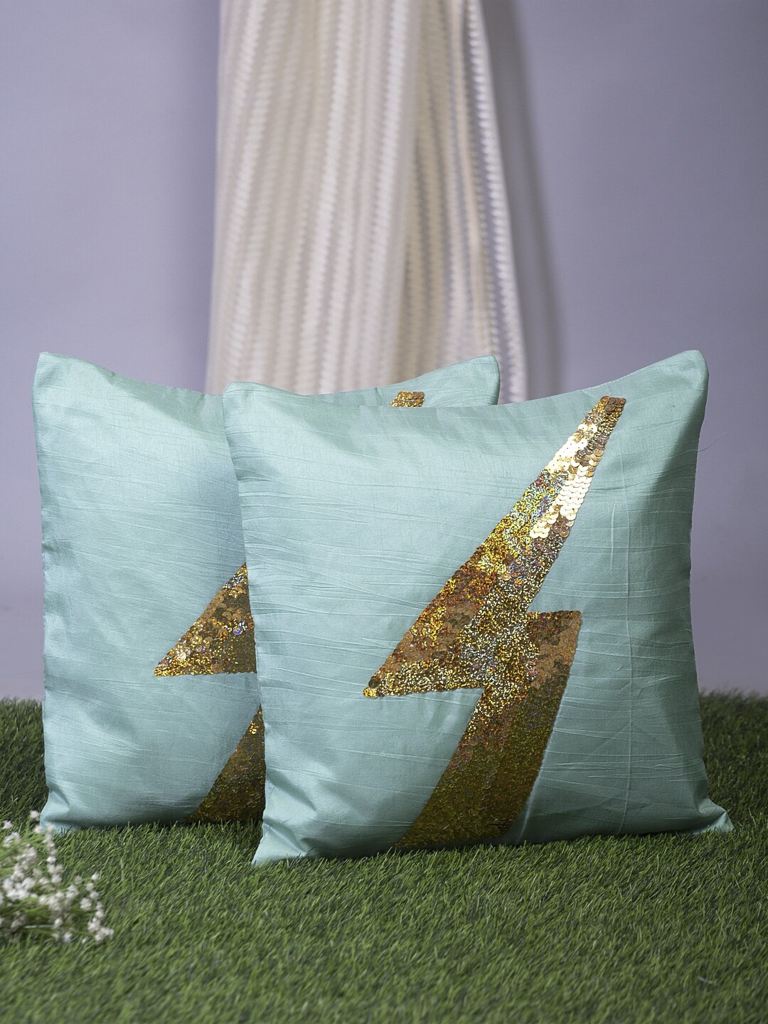 

Alina decor Sea Green & Gold-Toned Set of 2 Embellished Square Cushion Covers