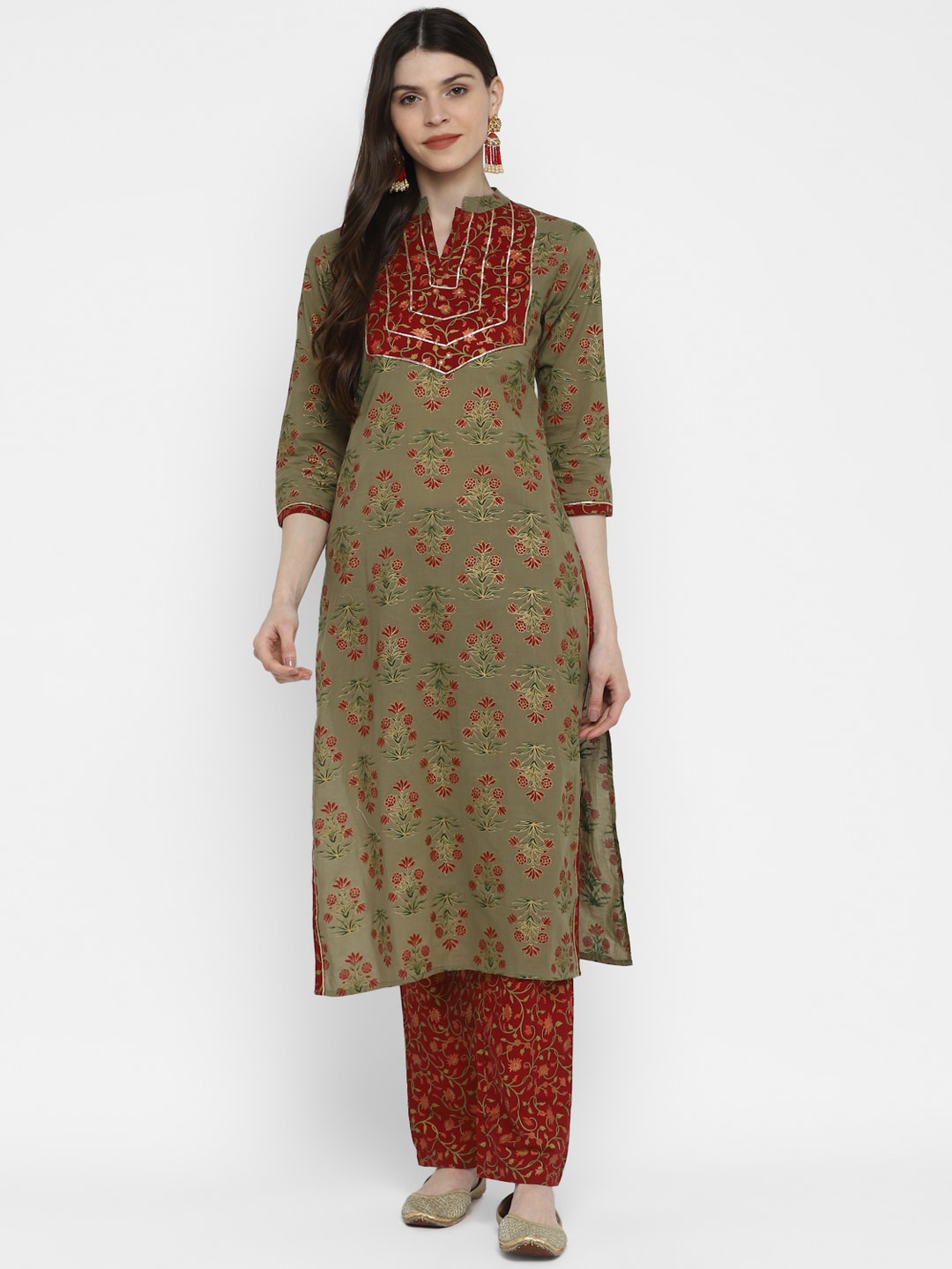 

Vbuyz Women Olive Green & Red Printed Kurta with Palazzos
