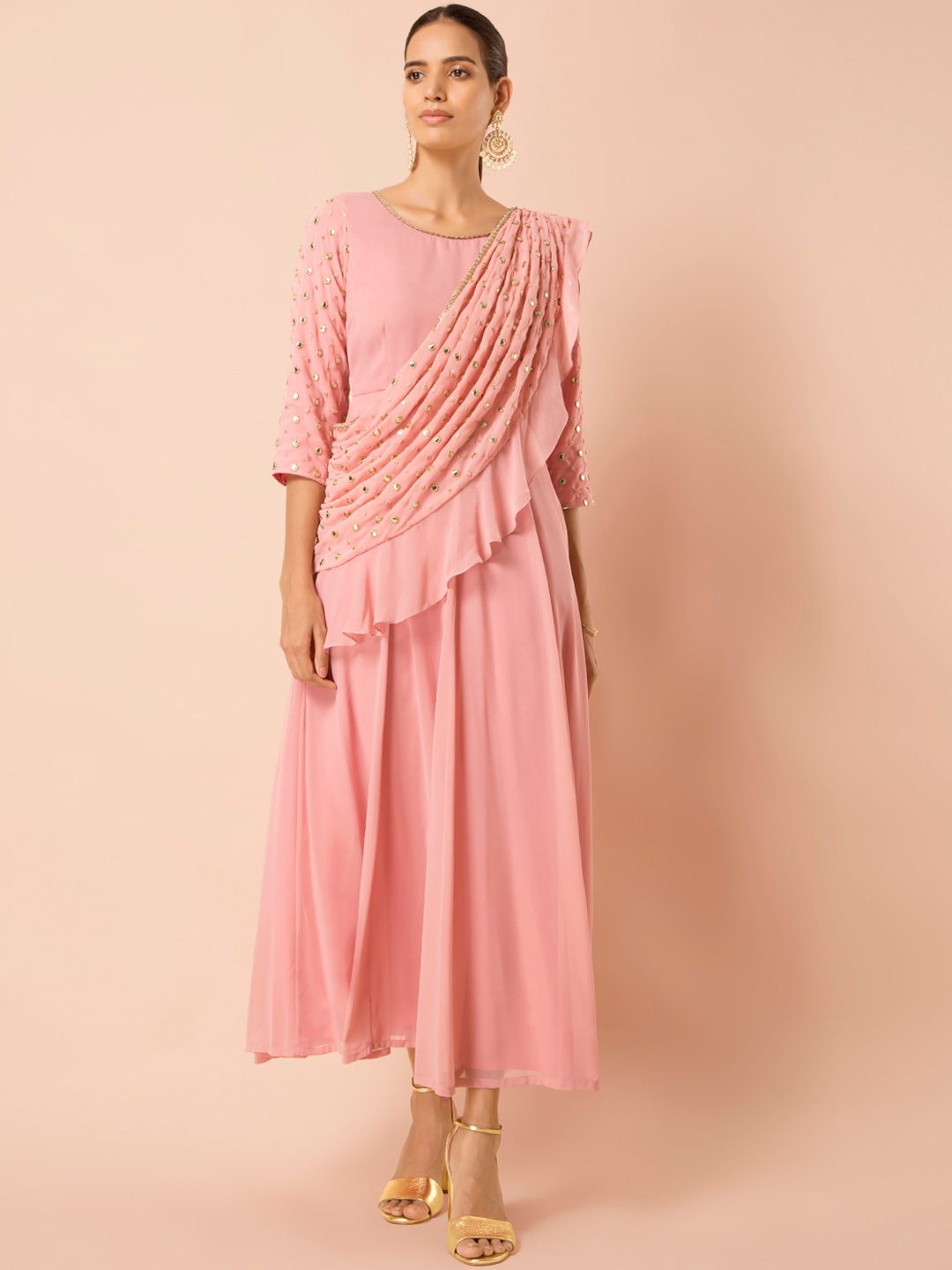 

INDYA Pink Mirror Ruffle Dupatta Maxi Dress