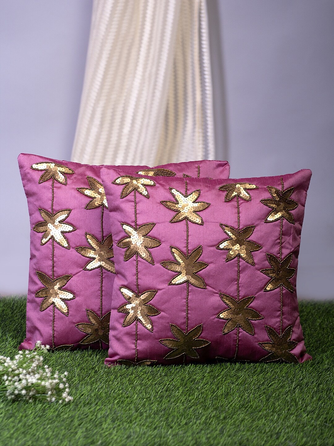 

Alina decor Pink & Gold-Toned Set of 2 Embellished Square Cushion Covers