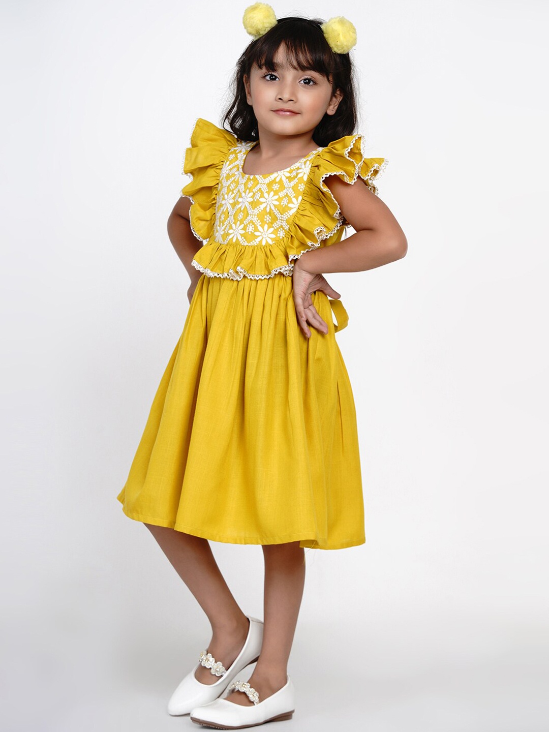 

Bitiya by Bhama Girls Yellow & Off-White Embroidered A-Line Dress