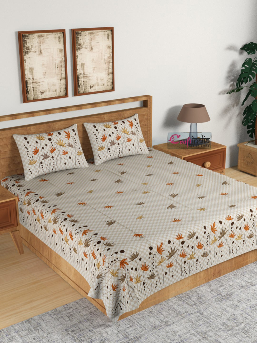 

eCraftIndia Cream-Coloured & Orange Floral 180 TC Cotton 1 King Bedsheet with 2 Pillow Covers