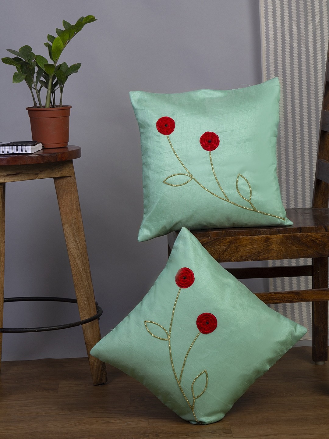 

Alina decor Sea Green & Red Set of 2 Embellished Square Cushion Covers