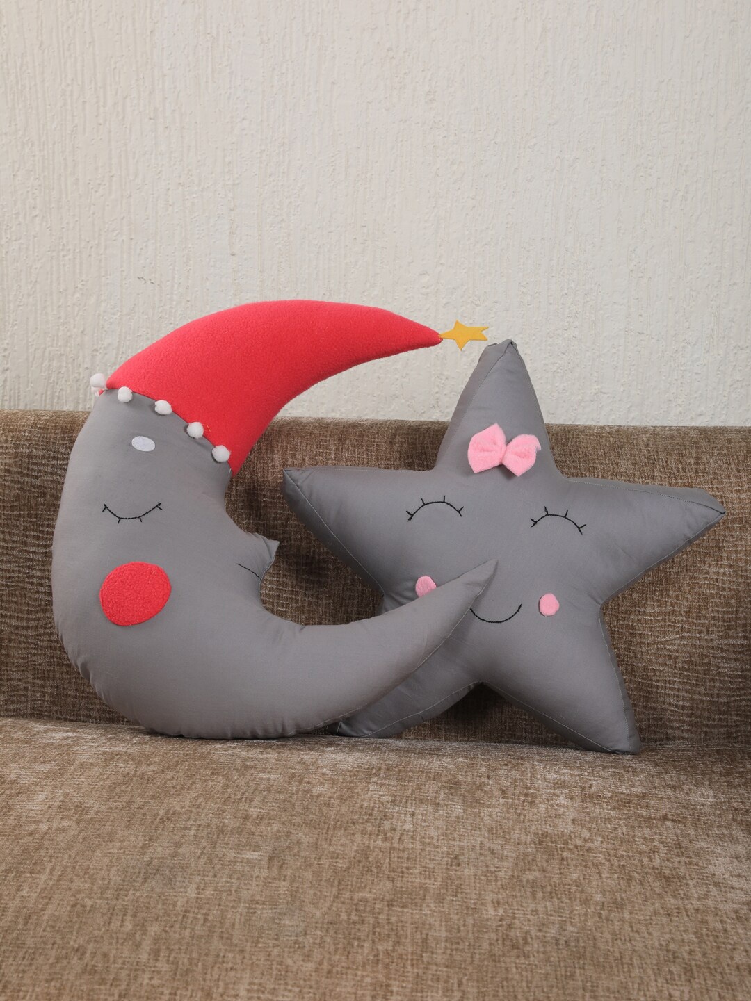 

YK Set Of 2 Grey & Red Star & Moon Shaped Handcrafted Cushions